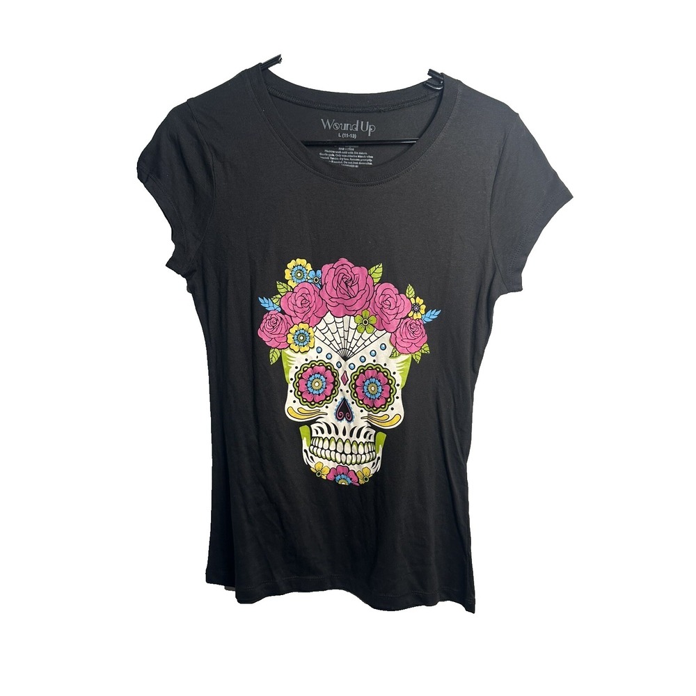 wound up womens black‎ sugar skull short sleeve shirt size large 11 13